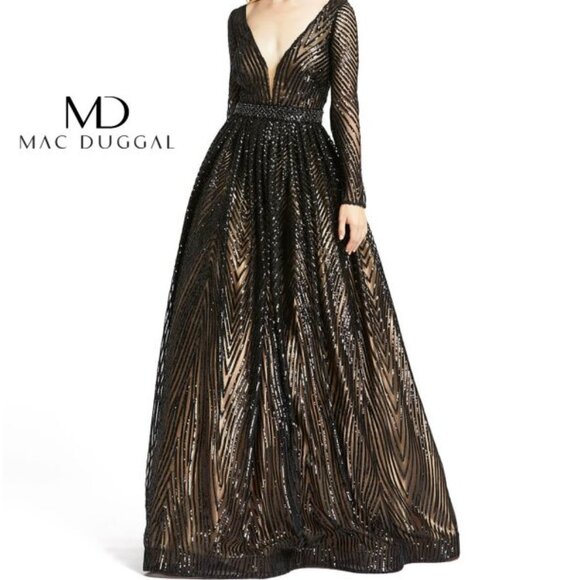 MAC DUGGAL 67103 LONG SLEEVE CHEVRON SEQUIN BLACK/NUDE GOWN sz 4 - Picture 5 of 5